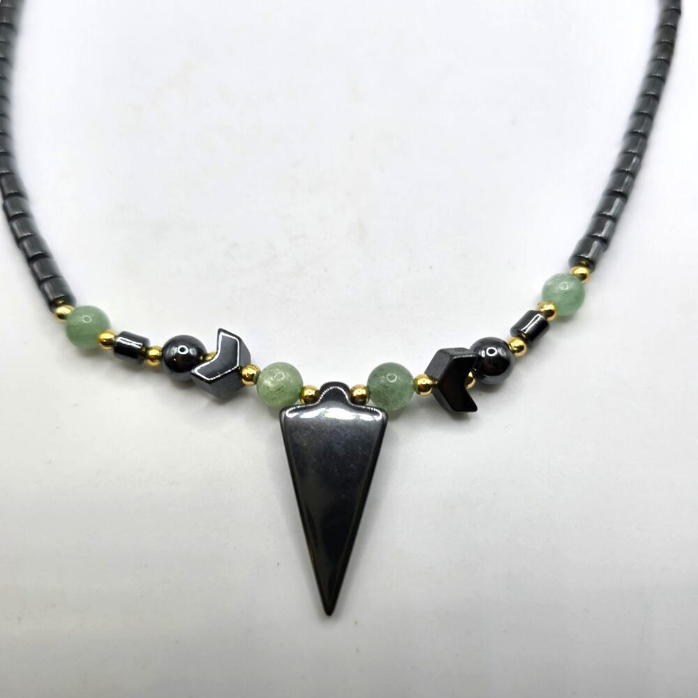 Necklace Hematite Arrowhead Pendant Aventurine Beads 18" Artisan Style SKU 2328
